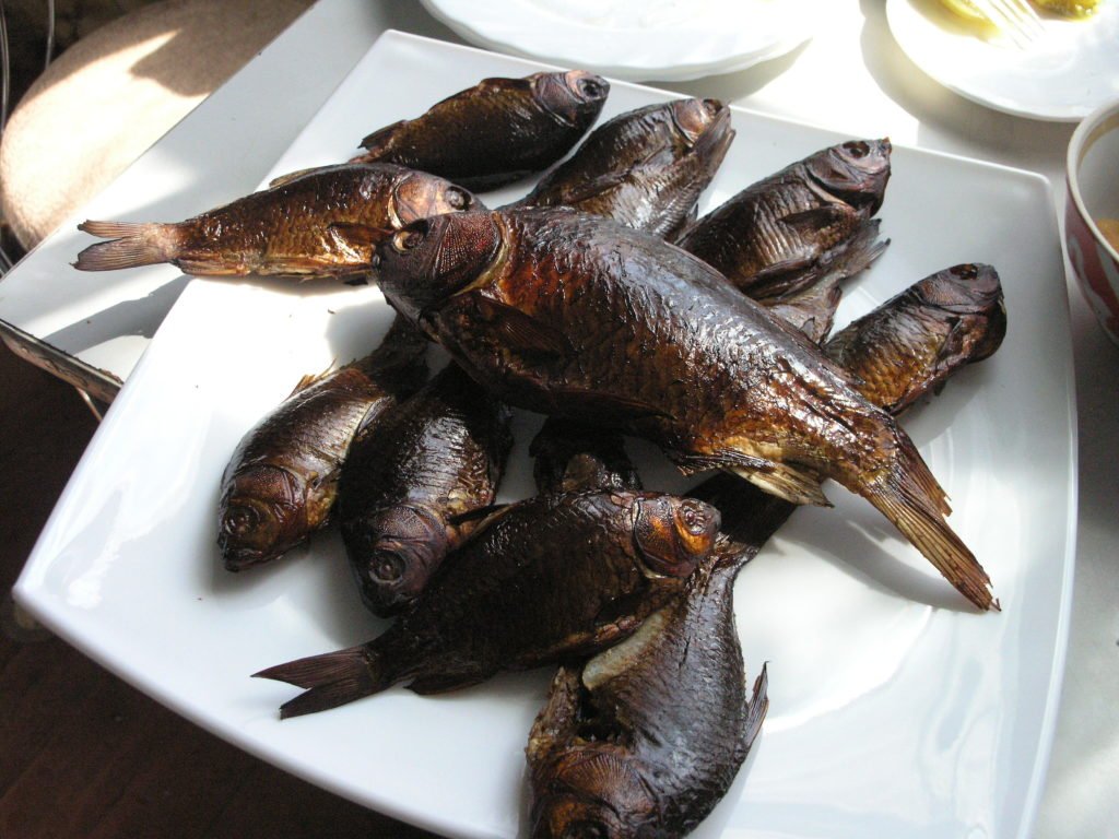 Smoked fish in a smokehouse